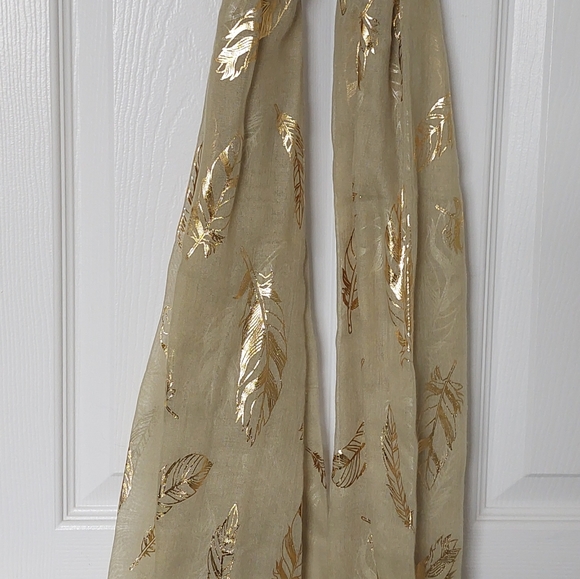 Gold Scarf with Gold Feather Pattern - Picture 2 of 2